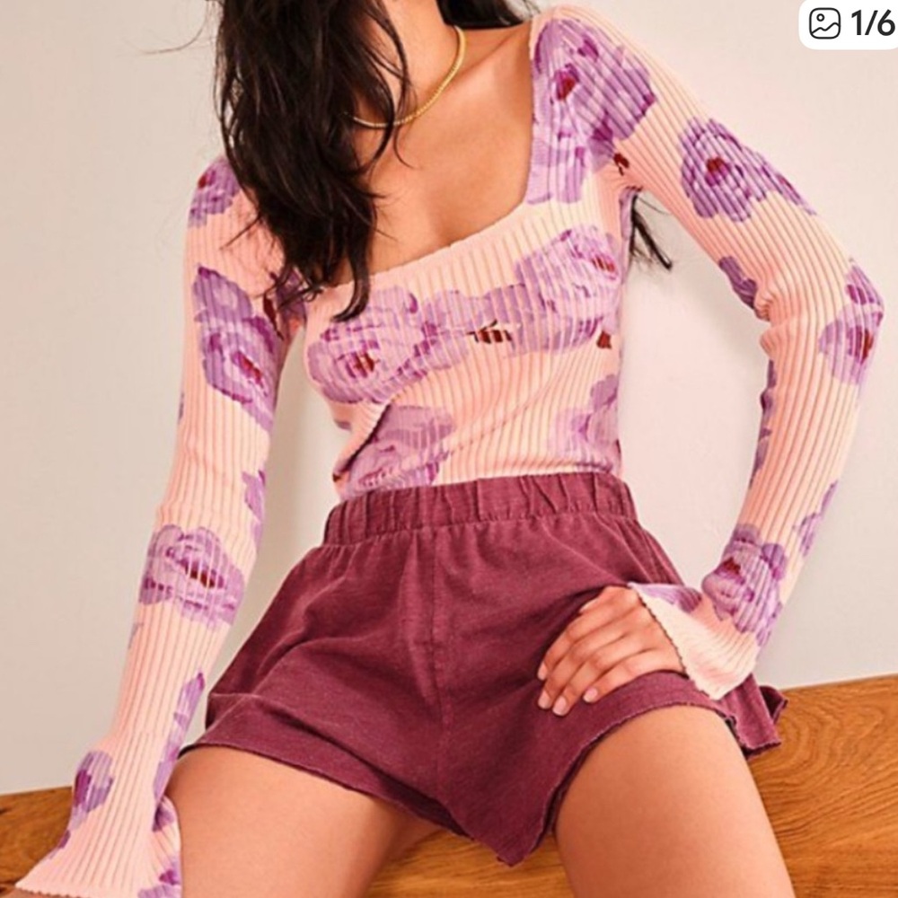 FREE PEOPLE Lover to Lover Bodysuit Ribbed Knit Floral Pink and‎ Purple M